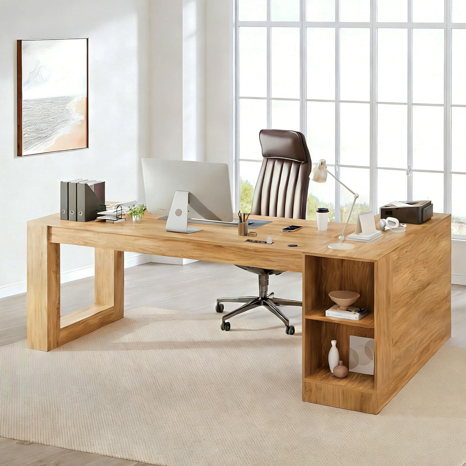 ANPOO 86" L-Shaped Executive Desk with Storage Drawers and File Cabinets, Large Office Desk with Power Outlets, Modern Computer Desk for Home Office/Study Room, Walnut
