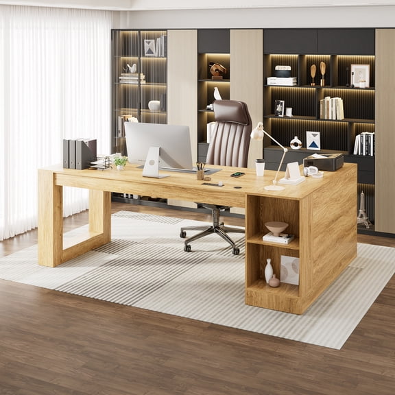 ANPOO 86" L-Shaped Executive Desk with Power Outlets, Large Office Desk with Storage Drawers, Cabinet and Open Shelves, Modern Computer Desk for Home Office/Study Room, Walnut