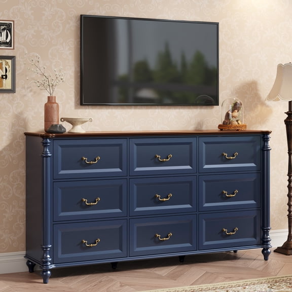 ANPOO 63"W Farmhouse 9 Drawers Dresser for Bedroom with Solid Wood Feet, Antique Blue Dresser Traditional Chest of Drawers, Rustic Vintage Wood Dresser, Navy Blue Dresser