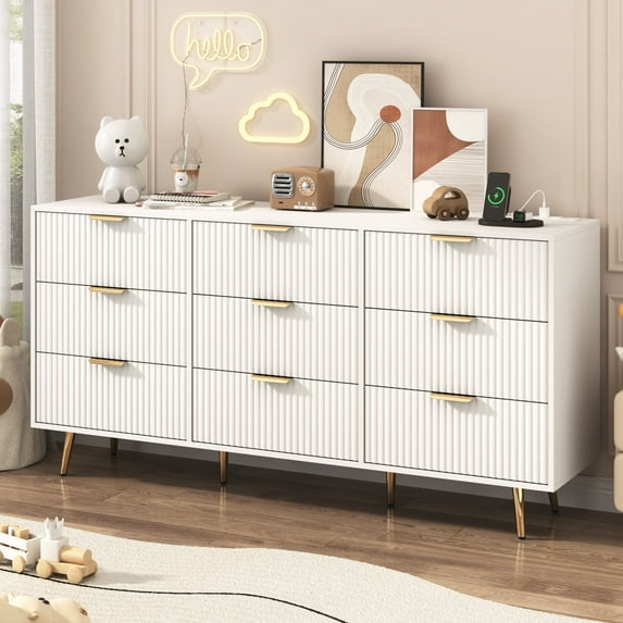 ANPOO Fluted 9 Drawer Dresser with Charging Station for Bedroom, 63" Modern Long Dressers with 9 Wide Drawers/Metal Handles, Wood Storage Cabinet for Bedroom, Living Room, Hallway, White-63"