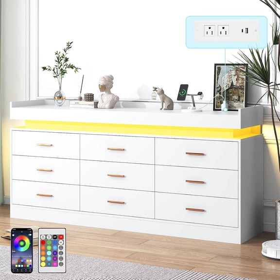 ANPOO 9 Drawer Dresser with LED Lights and Charging Station, Modern Double Wide Chest of Drawers with Power Outlet for Bedroom, Living Room