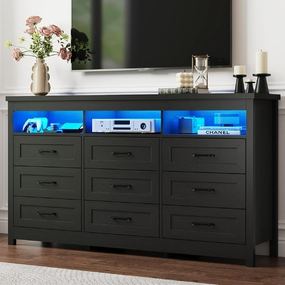 ANPOO Farmhouse 9 Drawers Dresser with LED Lights & Power Outlet, 63" Wide Large Chest of Drawers with Storage Organizer/60000 Colors Light, Modern Wood Dresser for Bedroom, Living Room, Hallway