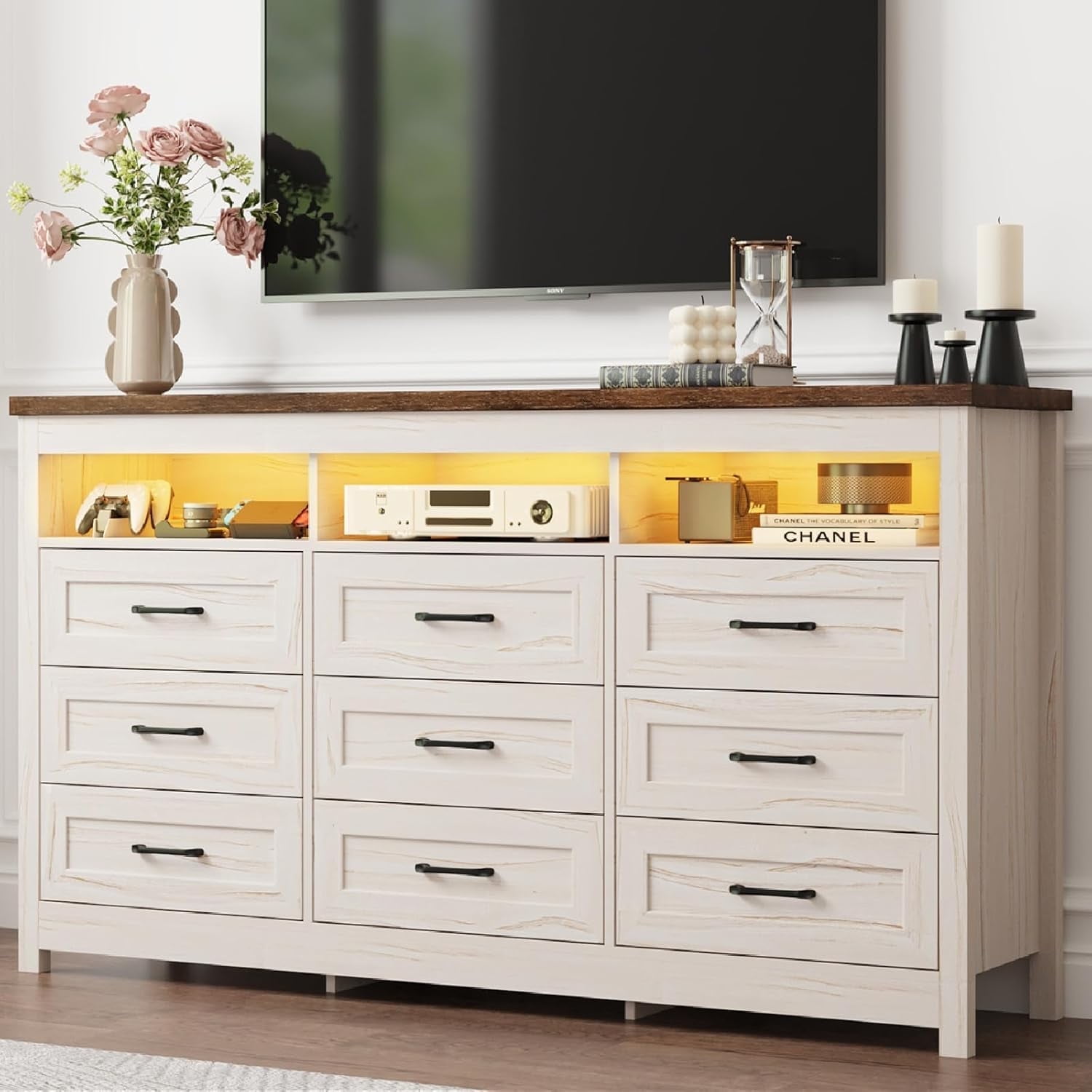 ANPOO Farmhouse 9 Drawers Dresser with LED Lights & Power Outlet, 63" Wide Large Chest of Drawers with Storage Organizer/60000 Colors Light, Modern Wood Dresser for Bedroom, Living Room, Hallway
