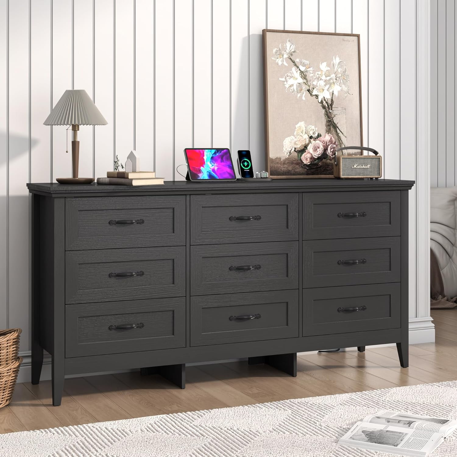 ANPOO 9-Drawer Dresser with Charging Station, Antique Handles