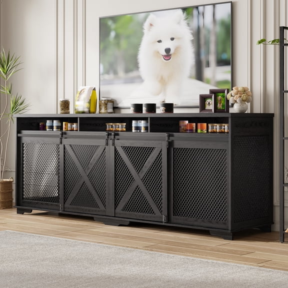 ANPOO 94.5" Furniture Style Dog Crate TV Stand, Large Wooden Dog Kennel with Sliding Mesh Doors, Divider for 1 or 2 Dogs, Fits Up to 100 inch TV, Indoor Pet Crate Cabinet for Living Room