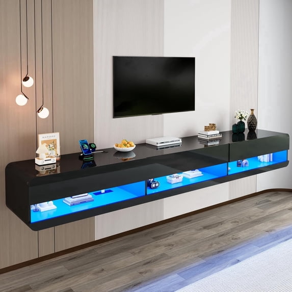Anpoo 94.5'' Modern Floating TV Stand for TVs up to 100'' TV, LED High Gloss Entertainment Center with Storage & Power Outlet, TV Console with 20 Color Changing Lights for Living Room Bedroom, Black
