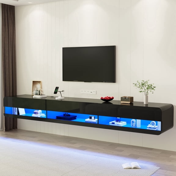 ANPOO 94.5'' LED High Gloss Floating TV Stand for TVs up to 100/110 inch, Modern Wall Mounted Entertainment Center with Media Storage and Power Outlet & Led Lights for Living Room, Black