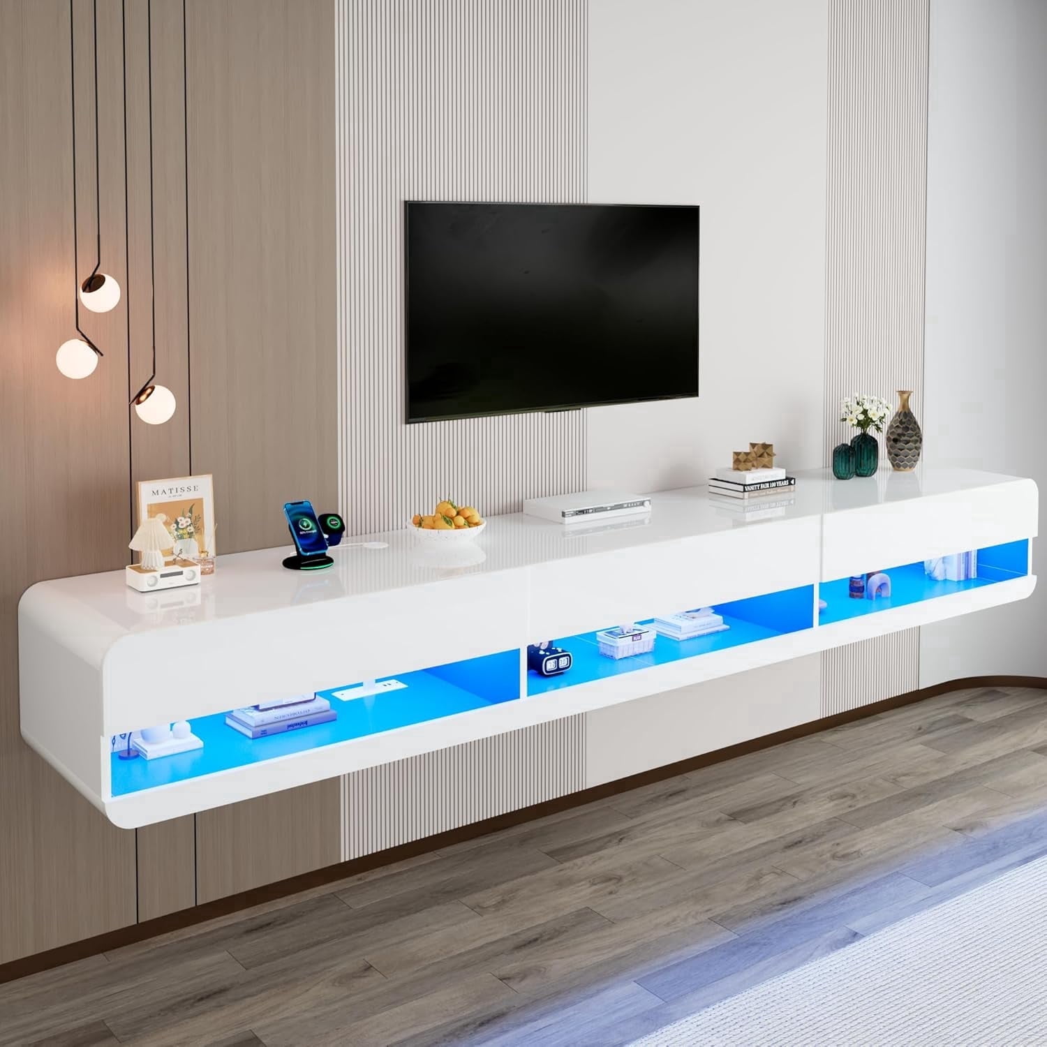 Anpoo 94.5'' Modern Floating TV Stand for TVs up to 100'' TV, LED High Gloss Entertainment Center with Storage & Power Outlet, TV Console with 20 Color Changing Lights for Living Room Bedroom, White