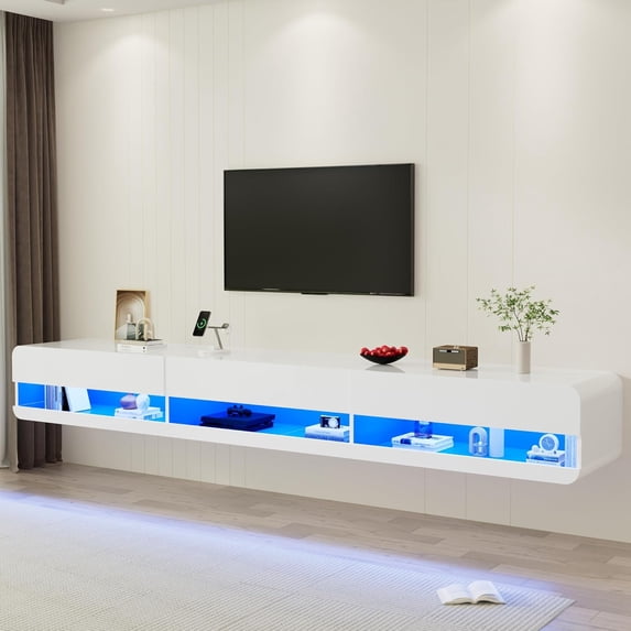 Anpoo 94.5'' Modern Floating TV Stand for TVs up to 100'' TV, LED High Gloss Entertainment Center with Storage & Power Outlet, TV Console with 20 Color Changing Lights for Living Room Bedroom, White