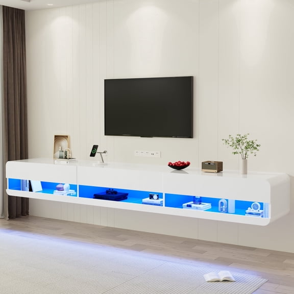 ANPOO 94.5'' LED High Gloss Floating TV Stand for TVs up to 100/110 inch, Modern Wall Mounted Entertainment Center with Media Storage and Power Outlet & Led Lights for Living Room, White