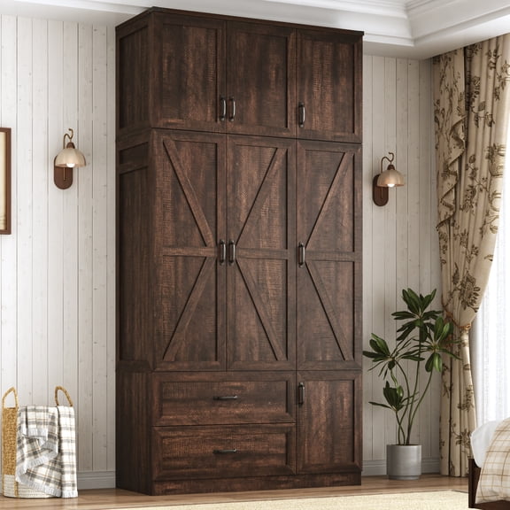 ANPOO 94''H Brown Extra Tall Armoire Wardrobe Closet w/ Top Cabinet, 2 Drawers & Storage Shelves, Farmhouse 3 Doors Armoire Wardrobe Closet w/ Barn Door & Sensor Light, LED Wooden Large Armoire