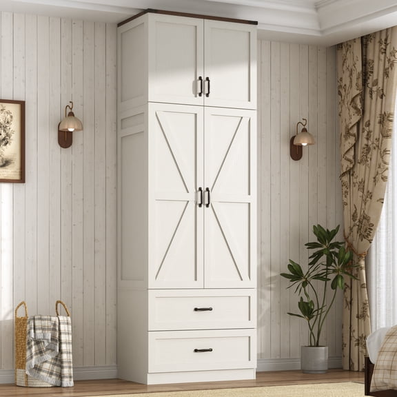 ANPOO 94''H White Extra Tall Armoire Wardrobe Closet w/ Top Cabinet & 2 Drawers, Farmhouse 2 Doors Armoire Wardrobe Closet w/ Barn Door & Sensor Light, LED Wooden Large Armoire for Bedroom
