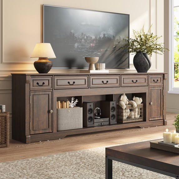 ANPOO 95" Farmhouse TV Stand for TV up to 100", Large Entertainment Center for Living Room W/ 5 Drawers & 2 Storage Cabinet, Dresser TV Stand, Rustic TV Cabinet, Brown