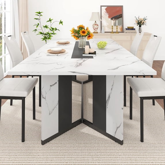 ANPOO ANPOO 7-Piece Kitchen Dining Set for 4-8 People, 78" Rectangle Waterproof Wooden Table with 6 Chairs, Easy Clean Farmhouse Dining Table for Dining Room & Kitchen