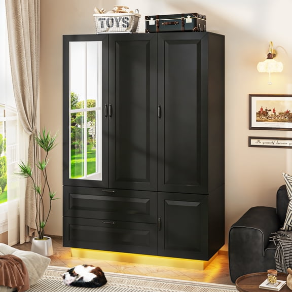 ANPOO Black Shaker Style Wardrobe Closet with Mirror, LED Lights, 2 Drawers & Adjustable Shelves, 3 Door Armoire Wardrobe Closet with Hanging Rod, Large Storage Wardrobe for Bedroom