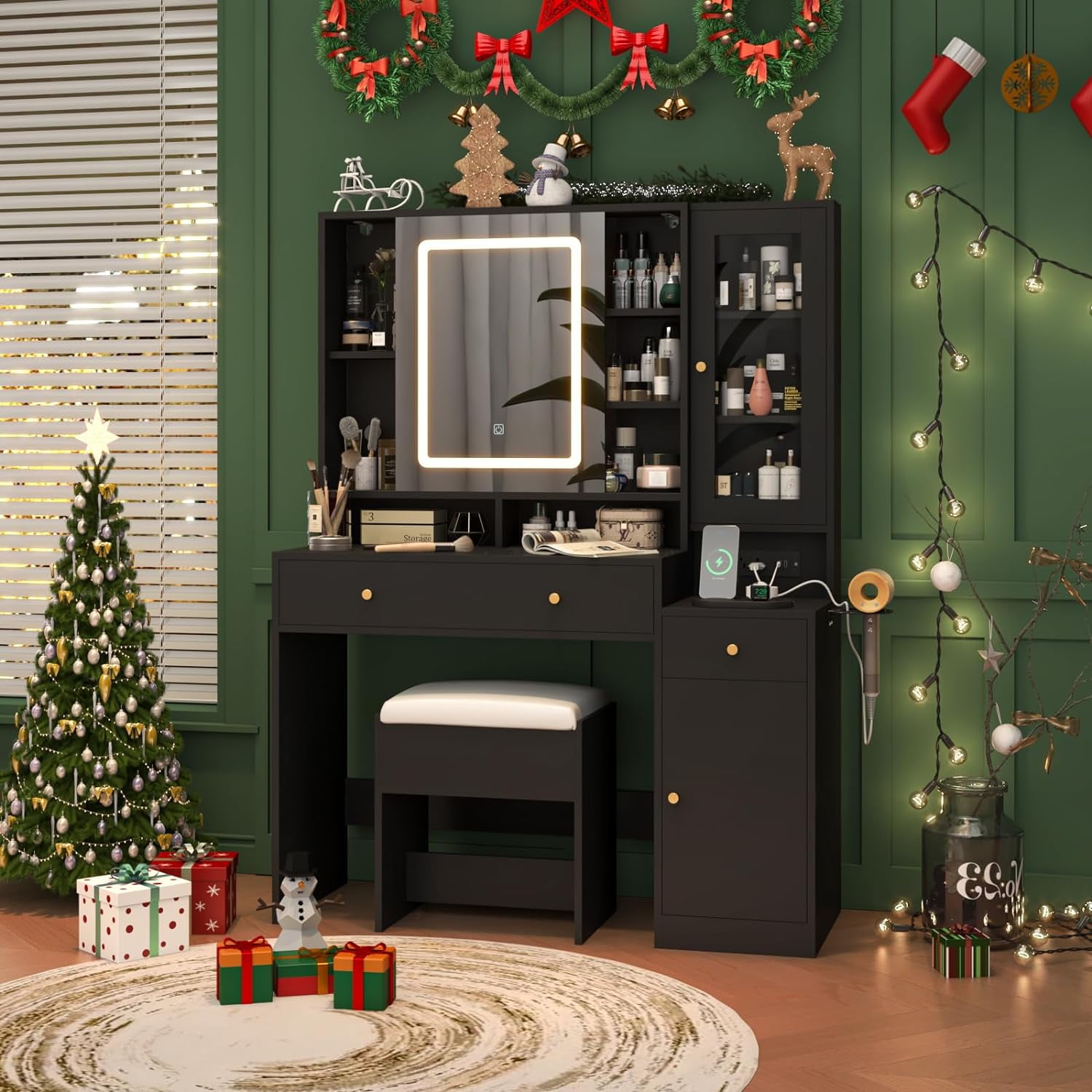 ANPOO Black Vanity Desk with Sliding Mirror and Lights, Vanity Table