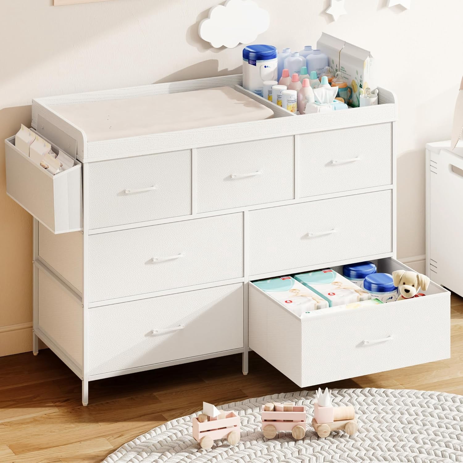 ANPOO Changing Table Dresser with Storage, Baby Dresser with Changing Table Top, Waterproof Diaper Changing Station with 7 Fabric Drawers for Nursery Modern, White