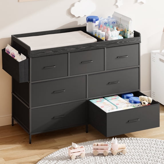 ANPOO Changing Table Dresser with Storage, Baby Dresser with Changing Table Top, Waterproof Diaper Changing Station with 7 Fabric Drawers for Nursery Modern, Black