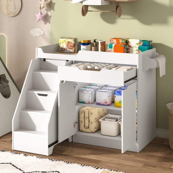 ANPOO Baby Changing Table with Stairs & Storage, 53.5"W Diaper Changing Station with Safety Strap, Nursery Changing Table with Drawer & Cabinet, Left Stairs, White