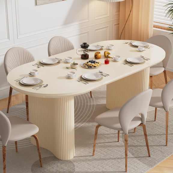 Modern Oval Dining Table for 6-8 Persons, 70.9 Inch Cream White Fluted Pedestal Dining Room Table, Contemporary Large Kitchen Table