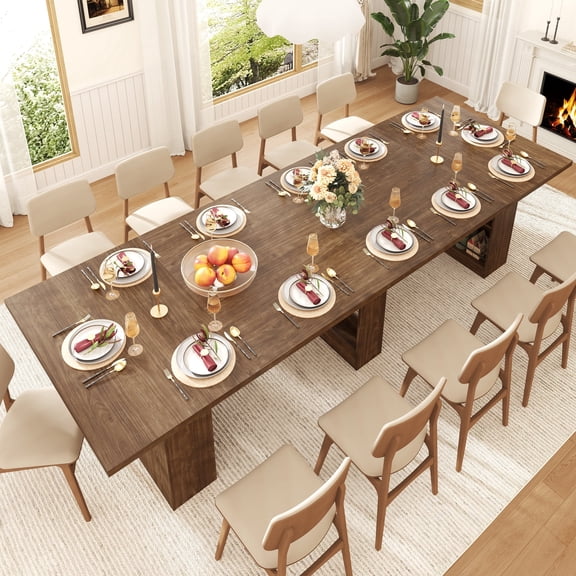 ANPOO 126" Rectangular Large Farmhouse Dining Table for 8 10 12 14, Extra Long Wooden Kitchen Table with Storage Base, Rustic Walnut Finish for Large Family, Gatherings, Meeting