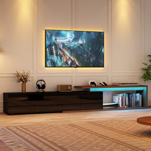 ANPOO Extendable TV Stand Cabinet with Drawers & LED Light, High Gloss Modern Minimalist Entertainment Center for Up to 120" TV, Reversible Extra Long TV Media Console, Black & Walnut