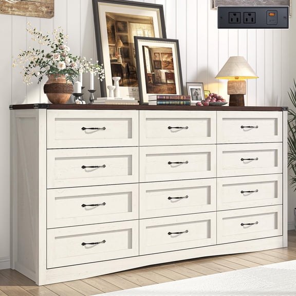 ANPOO 63 Inch Wide Rustic Farmhouse 12 Drawer Dresser, Vintage Wood Chest with Built-in Multi Power Outlet, Wood Dresser for Bedroom, Living Room, Hallway