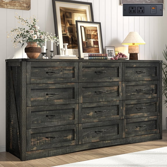 ANPOO 63 Inch Wide Rustic Farmhouse 12 Drawer Dresser, Vintage Wood Chest with Built-in Multi Power Outlet, Wood Dresser for Bedroom, Living Room, Hallway