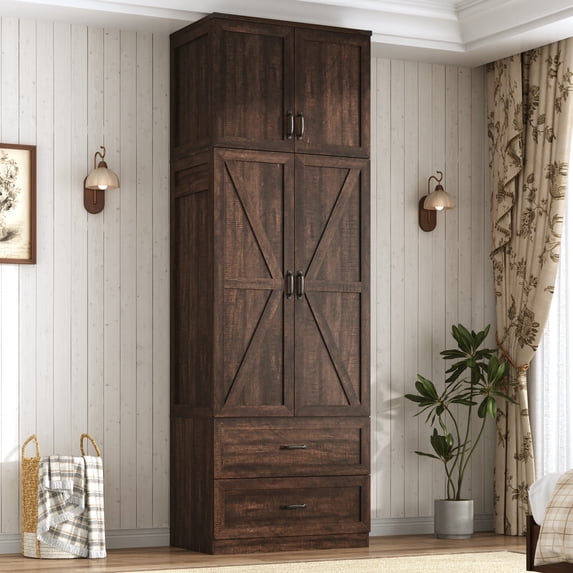 ANPOO 94''H Brown Extra Tall Armoire Wardrobe Closet w/ Top Cabinet & 2 Drawers, Farmhouse 2 Doors Armoire Wardrobe Closet w/ Barn Door & Sensor Light, LED Wooden Large Armoire for Bedroom