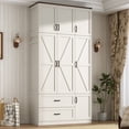 thumbnail image 1 of ANPOO 94''H White Extra Tall Armoire Wardrobe Closet w/ Top Cabinet, 2 Drawers & Storage Shelves, Farmhouse 3 Doors Armoire Wardrobe Closet w/ Barn Door & Sensor Light, LED Wooden Large Armoire, 1 of 10