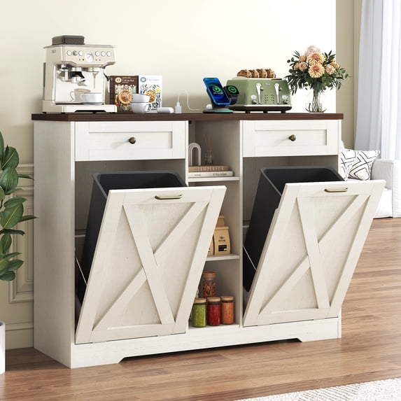 ANPOO Farmhouse Double Tilt-Out Trash Cabinet with Charging Station, 2×10 Gallon Hidden Storage, Drawers & Adjustable Shelves for Kitchen & Dining Room