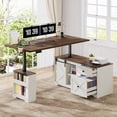 thumbnail image 1 of ANPOO 55" Farmhouse L Shaped Electric Standing Desk, Height Adjustable Corner Desk with Power Outlets, Storage Drawers and Adjustable Shelves, Standing Elegant Computer Desks for Home Office, White, 1 of 9