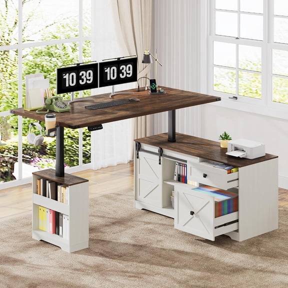 ANPOO 55" Farmhouse L Shaped Electric Standing Desk, Height Adjustable Corner Desk with Power Outlets, Storage Drawers and Adjustable Shelves, Standing Elegant Computer Desks for Home Office, White