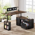 thumbnail image 1 of ANPOO 55" Farmhouse L Shaped Electric Standing Desk, Height Adjustable Corner Desk with Power Outlets, Storage Drawers and Adjustable Shelves, Standing Elegant Computer Desks for Home Office, Black, 1 of 9