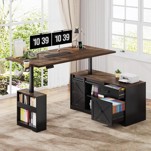 ANPOO 55" Farmhouse L Shaped Electric Standing Desk, Height Adjustable Corner Desk with Power Outlets, Storage Drawers and Adjustable Shelves, Standing Elegant Computer Desks for Home Office, Black