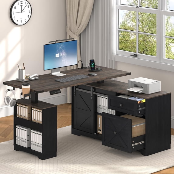 ANPOO Farmhouse Electric Standing Desk with Storage and Power Outlets, 55" Height Adjustable Computer Desk with Storage Drawers & Sliding Barn Door, L Shaped Standing Computer Desk for Home Office