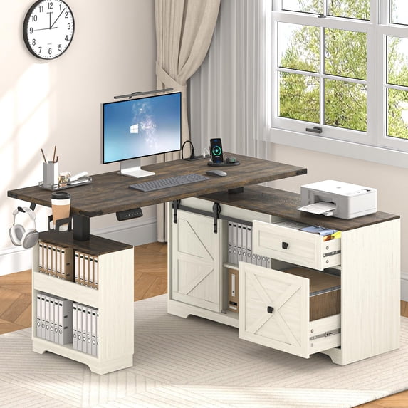 ANPOO Farmhouse Electric Standing Desk with Storage and Power Outlets, 55" Height Adjustable Computer Desk with Storage Drawers & Sliding Barn Door, L Shaped Standing Computer Desk for Home Office