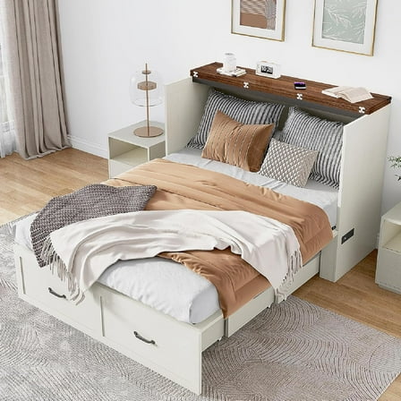 ANPOO Full Size Murphy Chest Bed with Drawer and Power Outlets, Farmhouse Wood Hidden Folding Bed Chest w/2 Storage Drawers, Multifunctional Storage Cabinet Bed for Bedroom,White