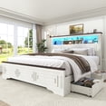 thumbnail image 1 of ANPOO Farmhouse King Size Bed Frame with 51" Tall Headboard & 4 Drawers, King Bed Frame and Headboard with LED Lights & Charging Ports, No Box Spring Needed, Wooden, Antique White, 1 of 12