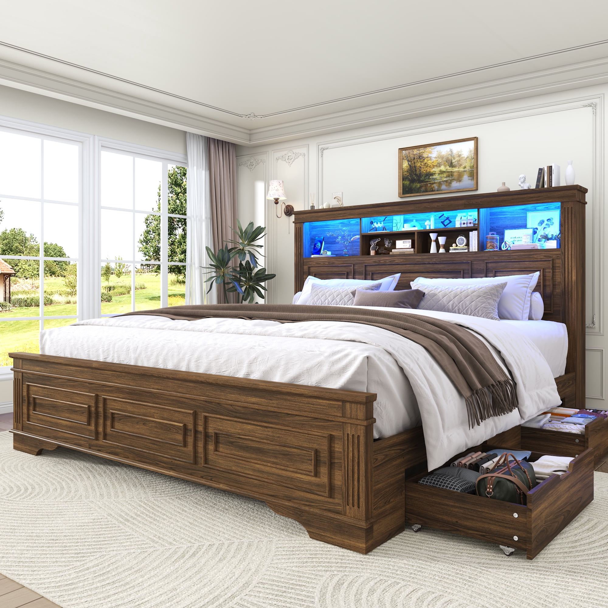 ANPOO Farmhouse King Size Bed Frame with 51" Tall Headboard & 4 Drawers, King Bed Frame and Headboard with LED Lights & Charging Ports, No Box Spring Needed, Wooden, Rustic Brown