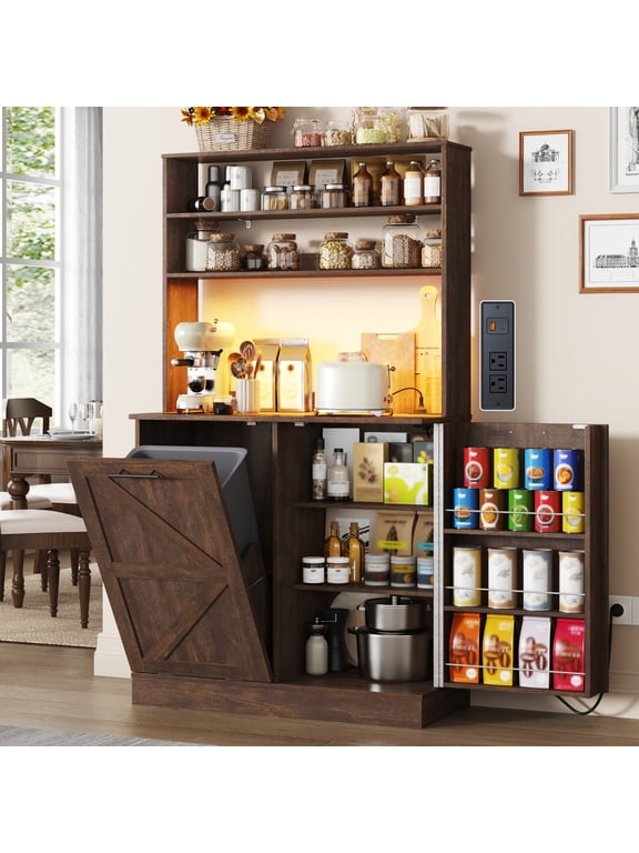 Farmhouse Kitchen Bakers Rack with 10 Gallon Tilt Out Trash Can Cabinet, Pantry Cabinet with LED Light, Power Outlet, Storage Shelf, 6-Tiers Tall Coffee Bar with Hutch for Kitchen Living Room
