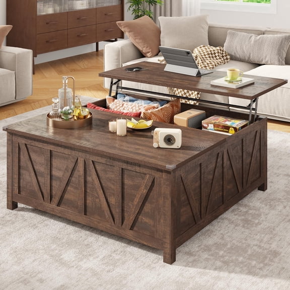 ANPOO Farmhouse Lift Top Coffee Table with Storage, 43.3" Large Square Coffee Table with 4 Hidden Storage Compartment Coffee Tables, Multi-Functional Tea Coffee Table for Living Room