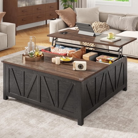 ANPOO Farmhouse Lift Top Coffee Table with Storage, 43.3" Large Square Coffee Table with 4 Hidden Storage Compartment Coffee Tables, Multi-Functional Tea Coffee Table for Living Room