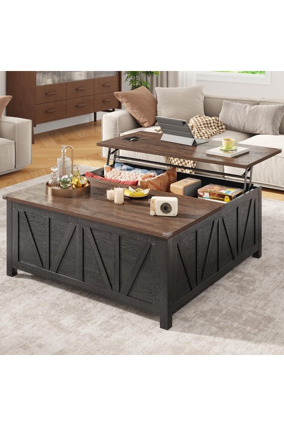 Farmhouse Lift Top Coffee Table with Storage,  43.3" Large Square Coffee Table with 4 Hidden Storage Compartment Coffee Tables, Multi-Functional Tea Coffee Table for Living Room