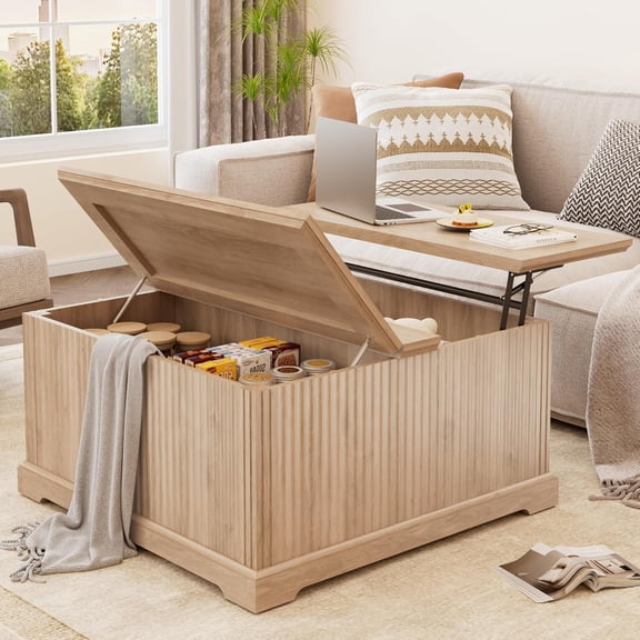 ANPOO Farmhouse Lift Top Coffee Table with Hidden Large Storage, 35.8 Inch Fluted Wood Square Center Table for Living Room, Bedroom, Home Office