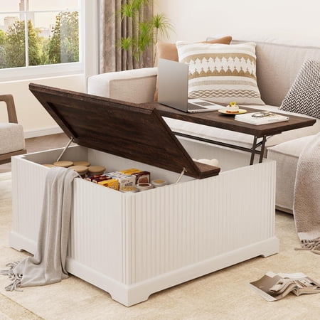 ANPOO Farmhouse Lift Top Coffee Table with Hidden Large Storage, 35.8 Inch Fluted Wood Square Center Table for Living Room, Bedroom, Home Office