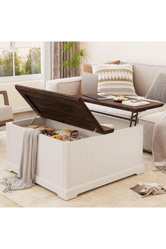 Farmhouse Lift Top Coffee Table with Hidden Large Storage, 35.8 Inch Fluted Wood Square Center Table for Living Room, Bedroom, Home Office