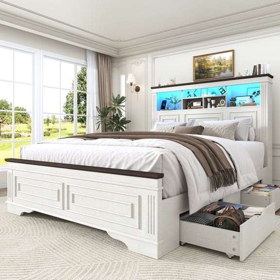 ANPOO Farmhouse Queen Size Bed Frame with 51" Tall Headboard & 4 Drawers, Queen Bed Frame and Headboard with LED Lights & Charging Ports, No Box Spring Needed, Wooden, Antique White