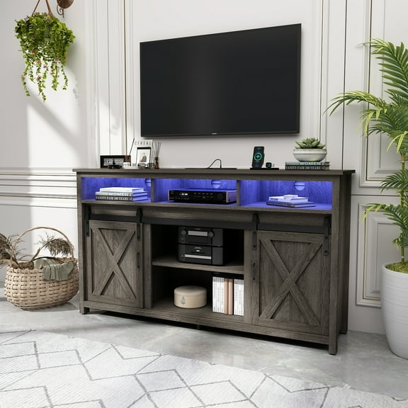 ANPOO Farmhouse TV Stand for 65 inch TVs, Rustic Entertainment Center TV Cabinet Stands with Power Outlets and LED lights