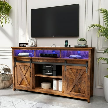 ANPOO Farmhouse TV Stand for 65 inch TVs, Rustic Entertainment Center TV Cabinet Stands with Power Outlets and LED lights